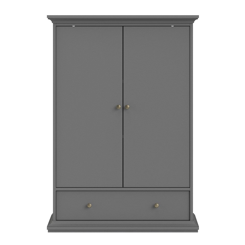 Parisian 2 Door 1 Drawer & 2 Shelves Wardrobe in Matt Grey - The Furniture Mega Store 