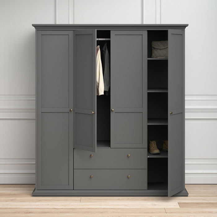 Parisian Wardrobe with 4 Doors and 2 Drawers in Matt Grey - The Furniture Mega Store 