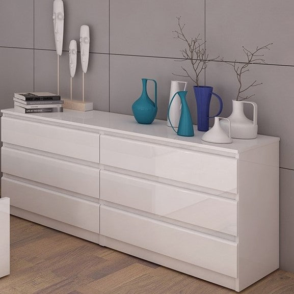 Naiah Wide Chest of 6 Drawers (3+3) in White High Gloss - The Furniture Mega Store 