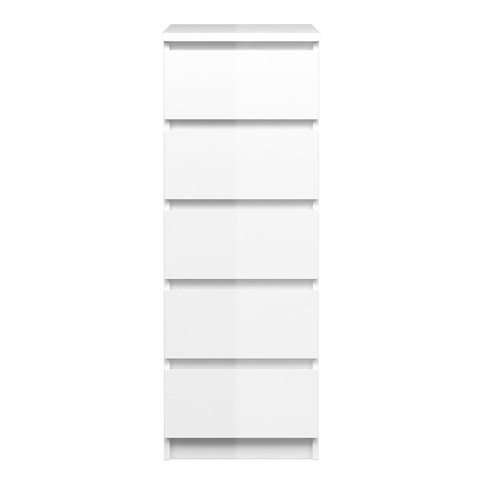 Naiah Narrow Chest of 5 Drawers in White High Gloss - The Furniture Mega Store 