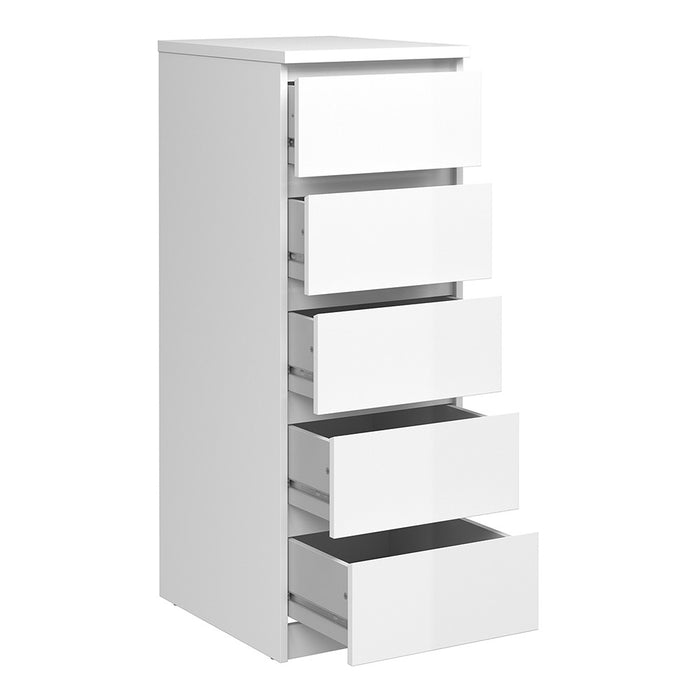 Naiah Narrow Chest of 5 Drawers in White High Gloss - The Furniture Mega Store 