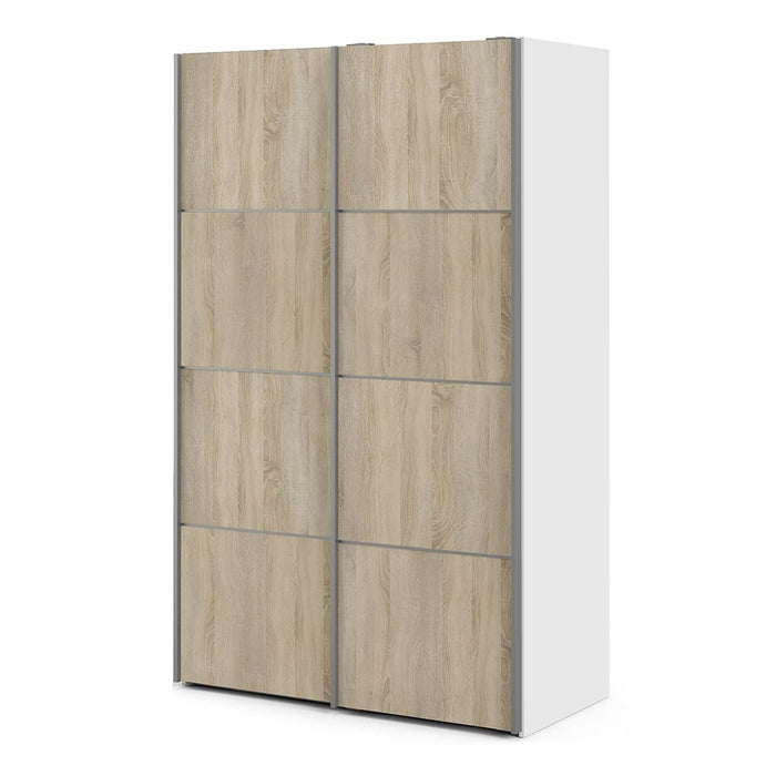 Verona Sliding Wardrobe 120cm in White with Oak Doors with 2 Shelves - The Furniture Mega Store 