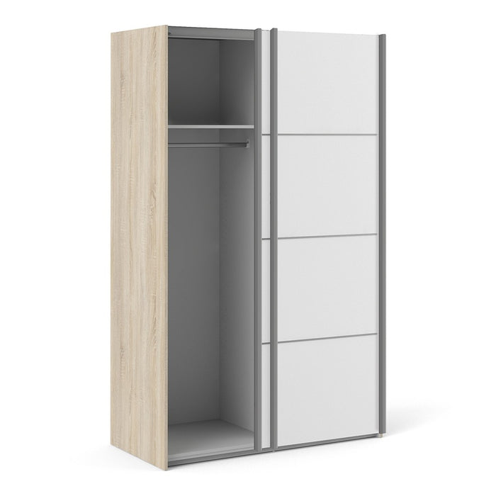 Verona Sliding Wardrobe 120cm in Oak with White Doors with 2 Shelves - The Furniture Mega Store 