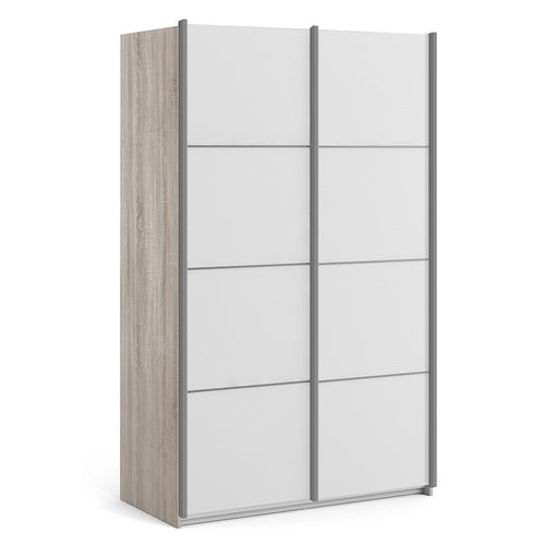 Verona Sliding Wardrobe 120cm in Truffle Oak with White Doors with 2 Shelves - The Furniture Mega Store 