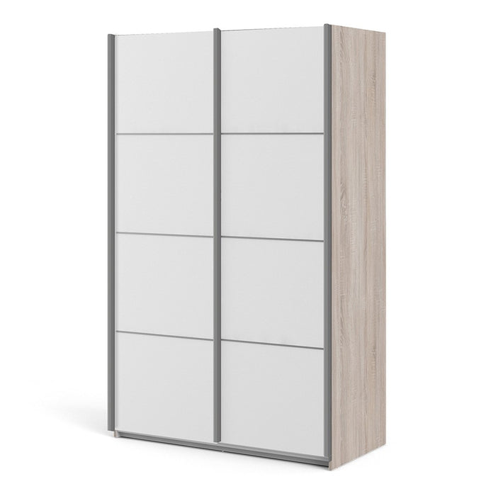 Verona Sliding Wardrobe 120cm in Truffle Oak with White Doors with 2 Shelves - The Furniture Mega Store 
