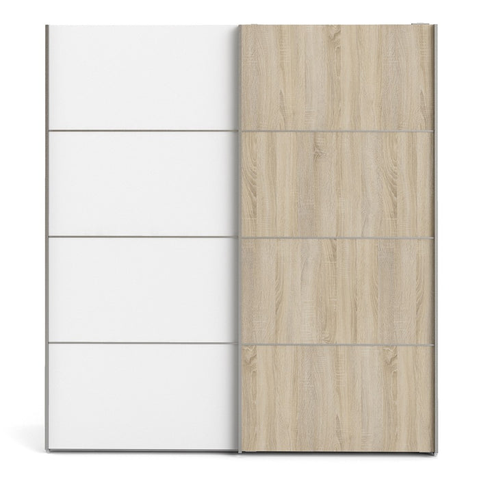 Verona Sliding Wardrobe 180cm in White with White and Oak doors with 2 Shelves - The Furniture Mega Store 