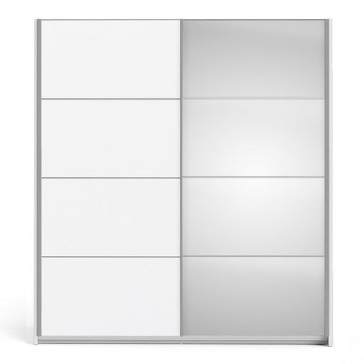 Verona Sliding Wardrobe 180cm in White with White and Mirror Doors with 2 Shelves - The Furniture Mega Store 