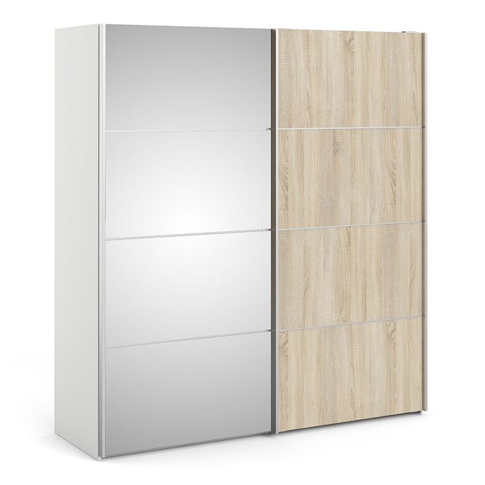 Verona Sliding Wardrobe 180cm in White with Oak and Mirror Doors with 2 Shelves - The Furniture Mega Store 