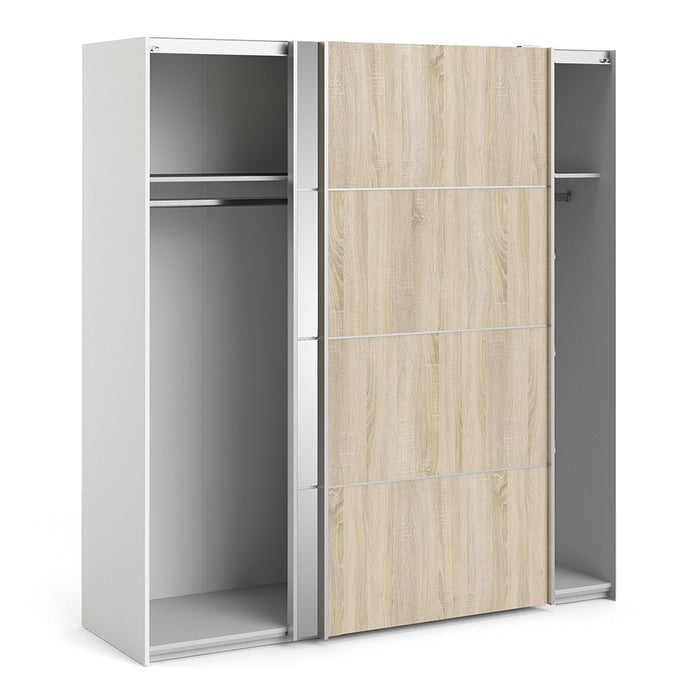 Verona Sliding Wardrobe 180cm in White with Oak and Mirror Doors with 2 Shelves - The Furniture Mega Store 