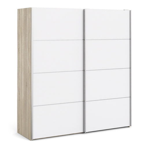 Verona Sliding Wardrobe 180cm in Oak with White Doors with 2 Shelves - The Furniture Mega Store 