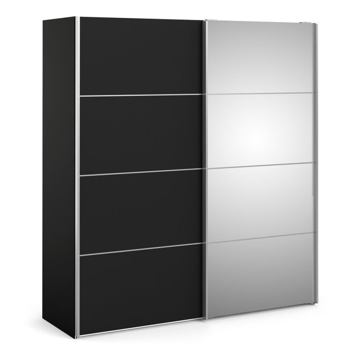 Verona Sliding Wardrobe 180cm in Black Matt with Black Matt & Mirror Doors & 2 Shelves - The Furniture Mega Store 