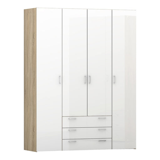 Space 4 Door 3 Drawer Wardrobe - Oak & White High Gloss - The Furniture Mega Store 