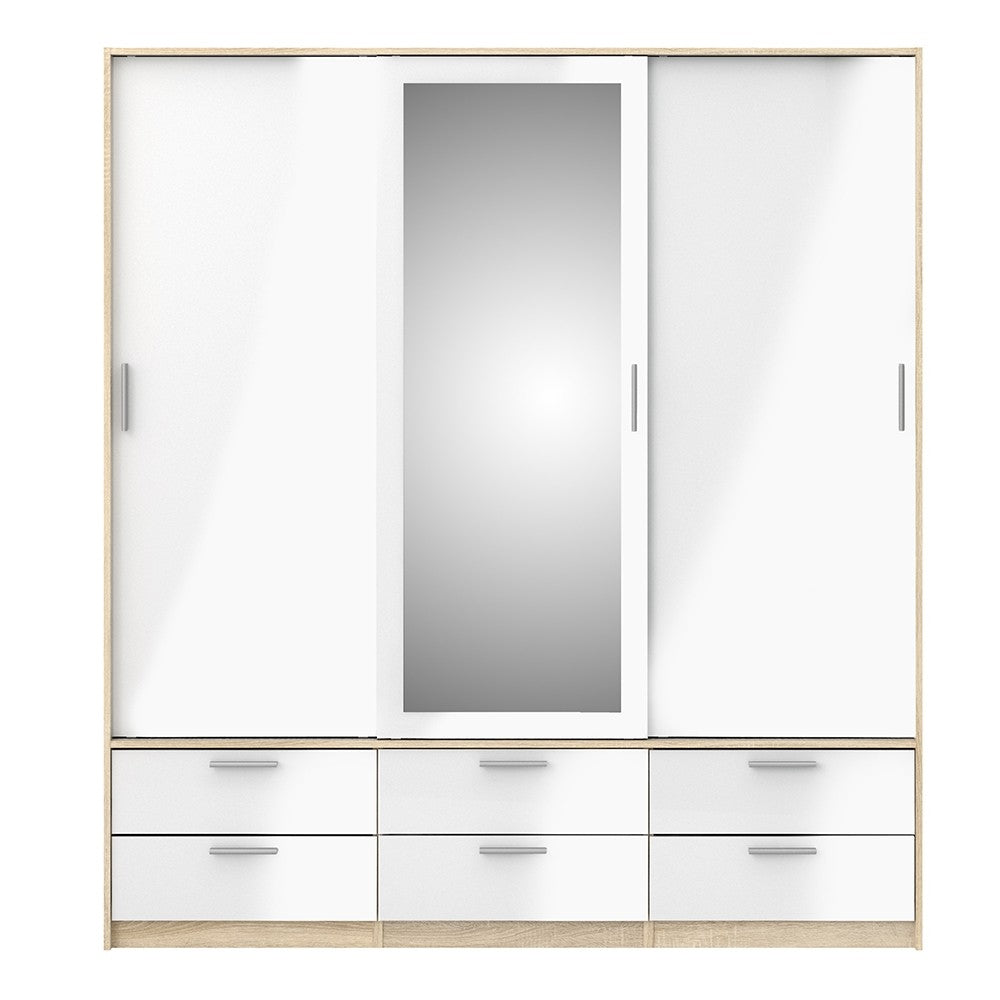 Line Wardrobe - 3 Doors 6 Drawers - Oak & White High Gloss - The Furniture Mega Store 