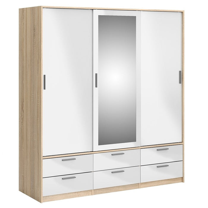 Line Wardrobe - 3 Doors 6 Drawers - Oak & White High Gloss - The Furniture Mega Store 