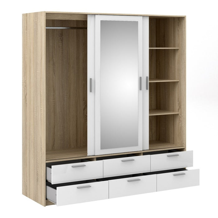 Line Wardrobe - 3 Doors 6 Drawers - Oak & White High Gloss - The Furniture Mega Store 