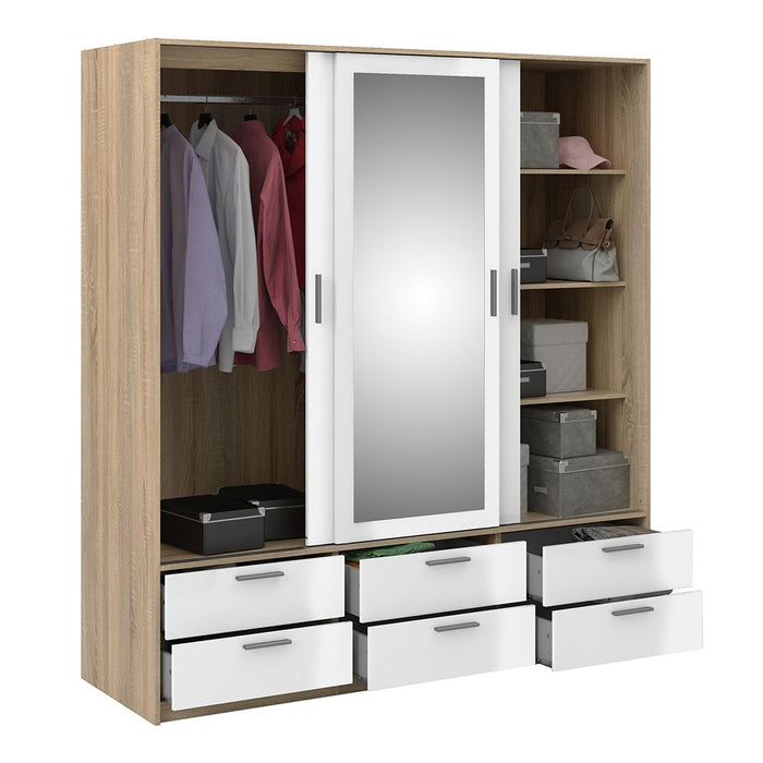 Line Wardrobe - 3 Doors 6 Drawers - Oak & White High Gloss - The Furniture Mega Store 