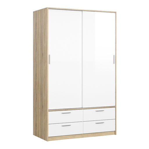 Line Wardrobe - 2 Doors 4 Drawers - Oak & White High Gloss - The Furniture Mega Store 