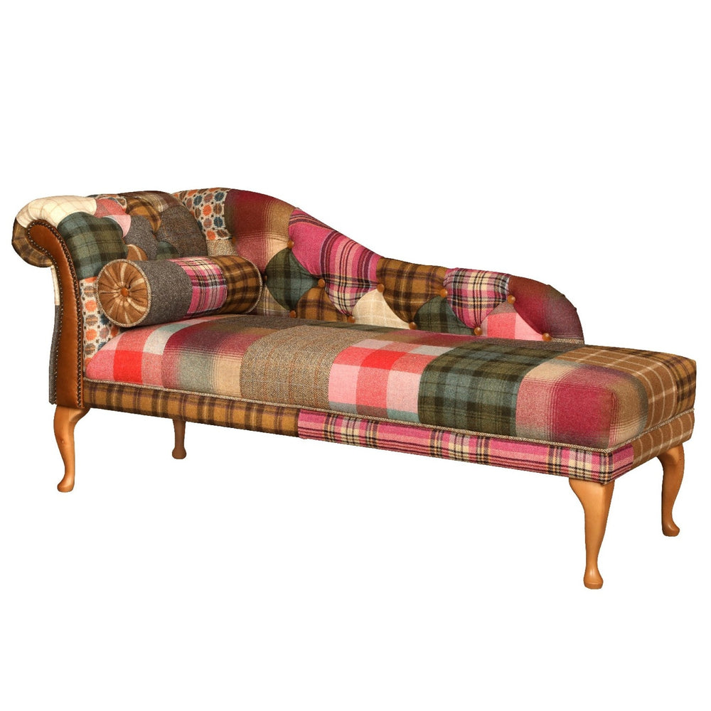 Vintage Leather, Harris Tweed & Moon Wool Patchwork Button Back Chaise Lounge - The Furniture Mega Store 