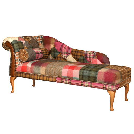 Vintage Leather, Harris Tweed & Moon Wool Patchwork Button Back Chaise Lounge - The Furniture Mega Store 