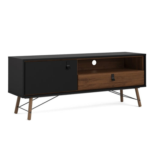 Rena 1 Door 1 Drawer Wide TV Unit - Matt Black & Walnut - The Furniture Mega Store 