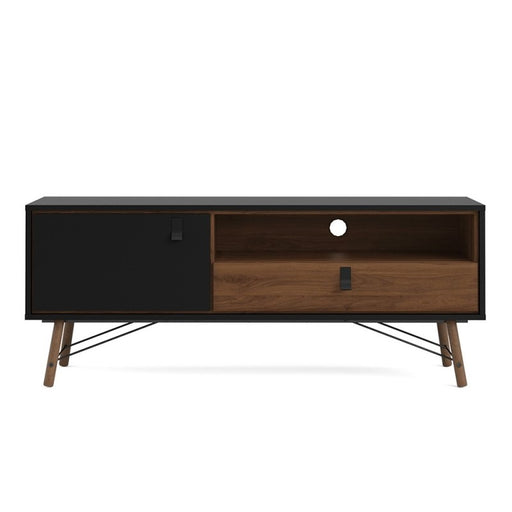 Rena 1 Door 1 Drawer Wide TV Unit - Matt Black & Walnut - The Furniture Mega Store 