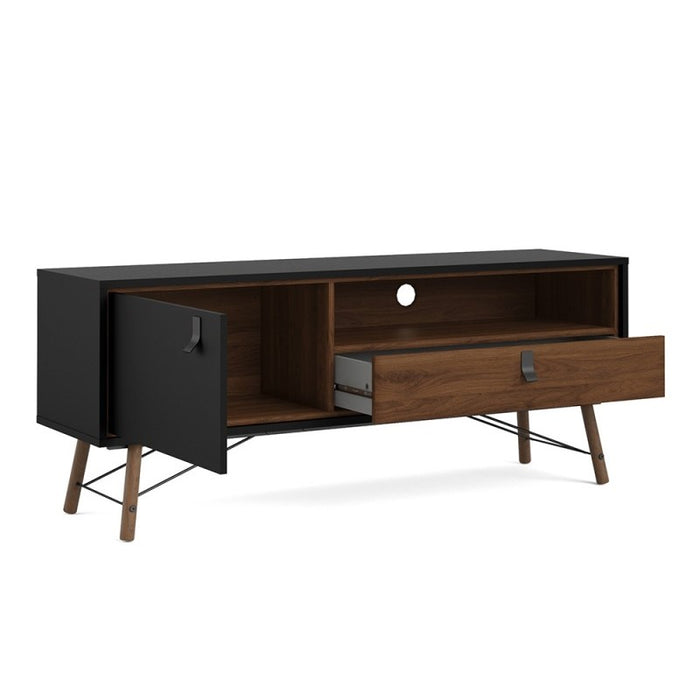 Rena 1 Door 1 Drawer Wide TV Unit - Matt Black & Walnut - The Furniture Mega Store 