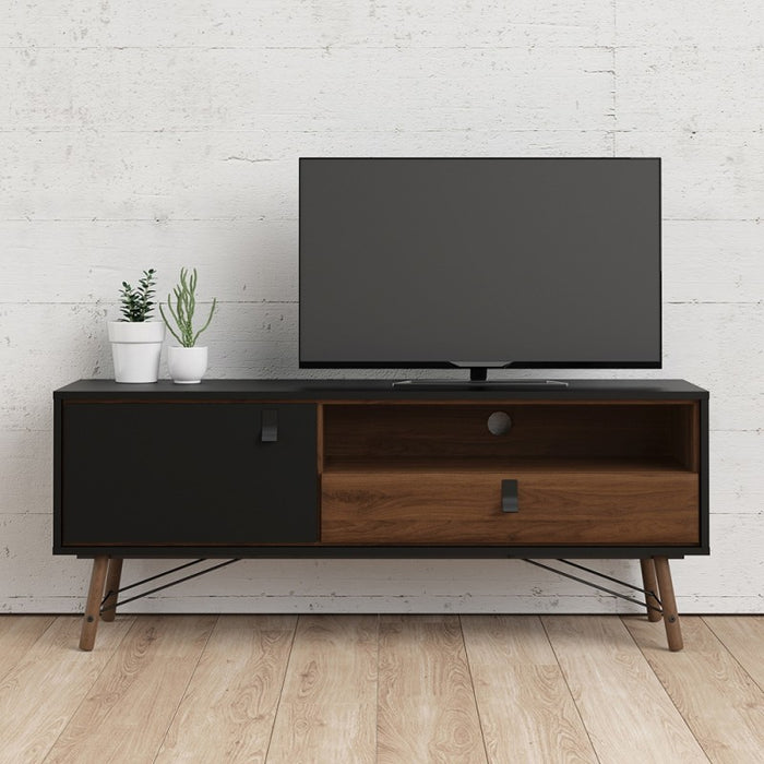Rena 1 Door 1 Drawer Wide TV Unit - Matt Black & Walnut - The Furniture Mega Store 