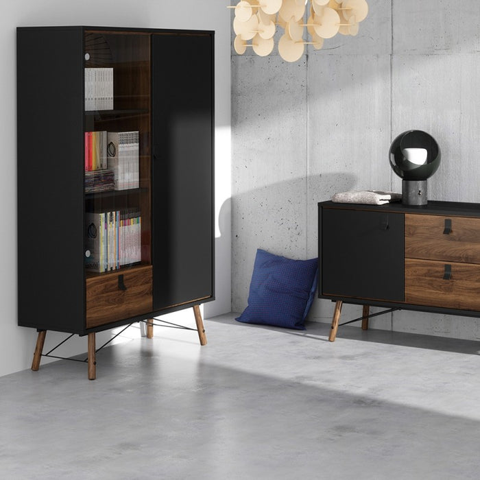Rena 2 Door Display Cabinet - Matt Black & Walnut - The Furniture Mega Store 