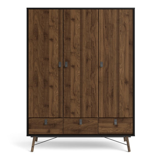 Rena 3 Door 3 Drawer Wardrobe - Matt Black & Walnut - The Furniture Mega Store 