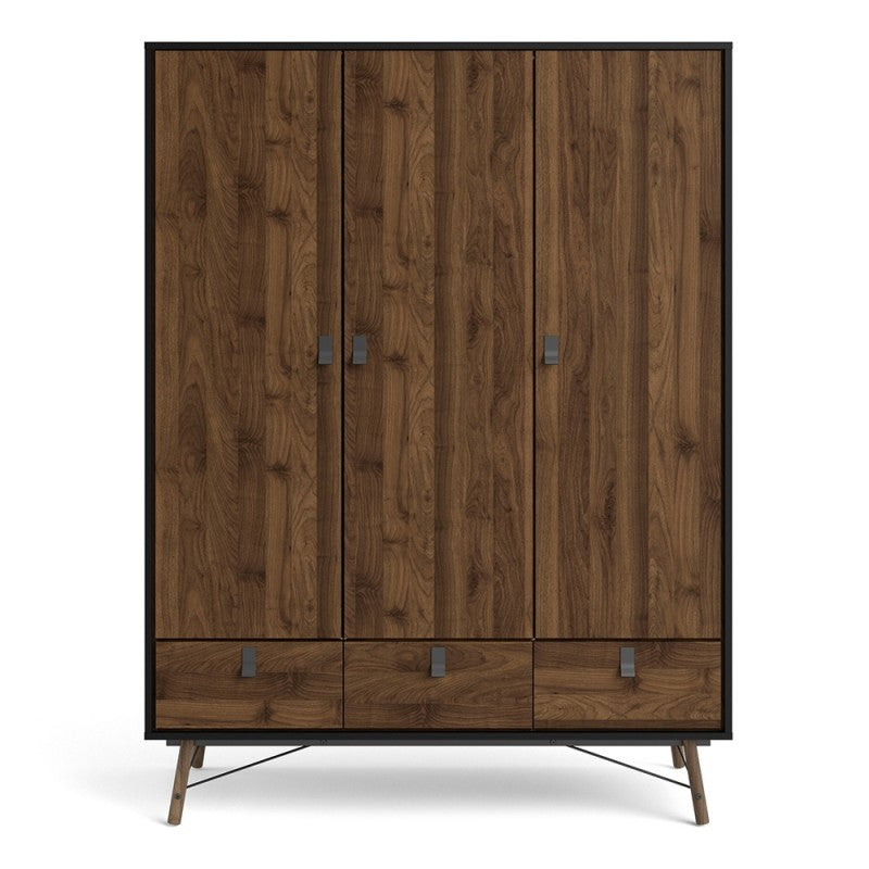 Rena 3 Door 3 Drawer Wardrobe - Matt Black & Walnut - The Furniture Mega Store 