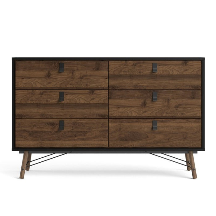 Rena 6 Drawer Wide Chest Of Drawers - Matt Black & Walnut - The Furniture Mega Store 