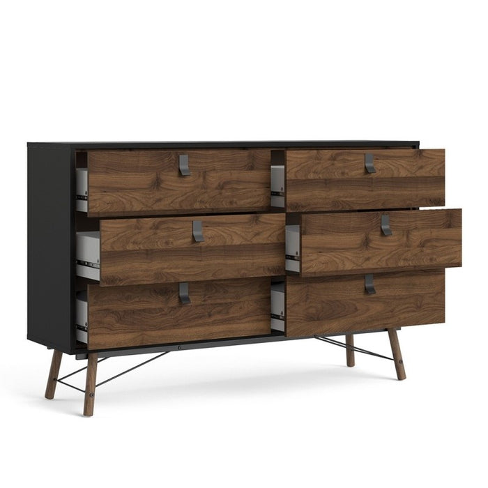 Rena 6 Drawer Wide Chest Of Drawers - Matt Black & Walnut - The Furniture Mega Store 