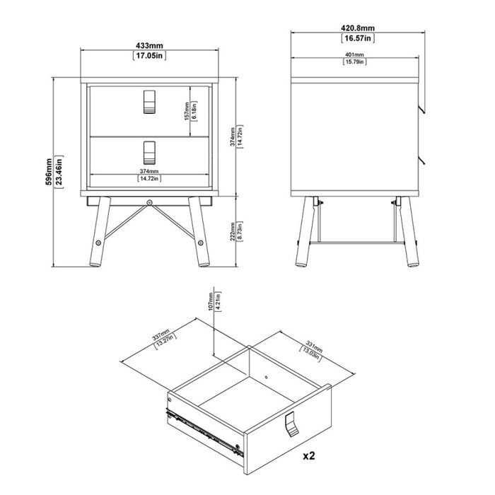 Rena 2 Drawer Bedside cabinet - Matt Black & Walnut - The Furniture Mega Store 