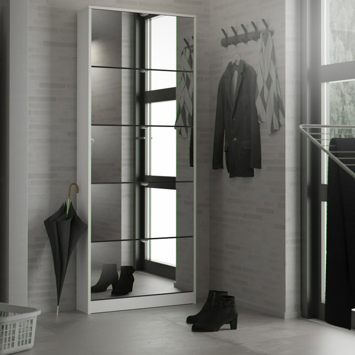 Shoe Cabinet 5 Mirrored Tilting Doors - White - The Furniture Mega Store 