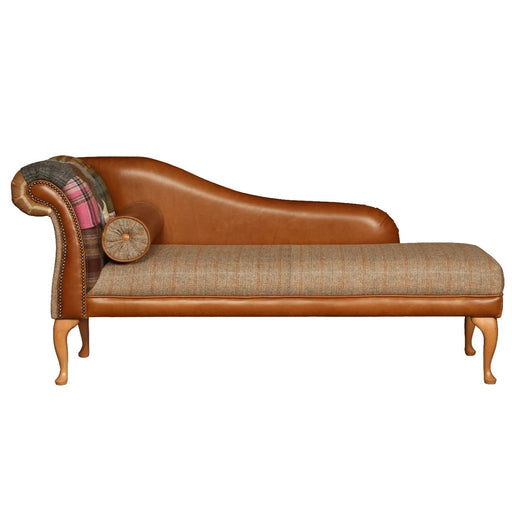 Vintage Leather, Harris Tweed & Moon Wool Patchwork Plain Back Chaise Lounge - The Furniture Mega Store 