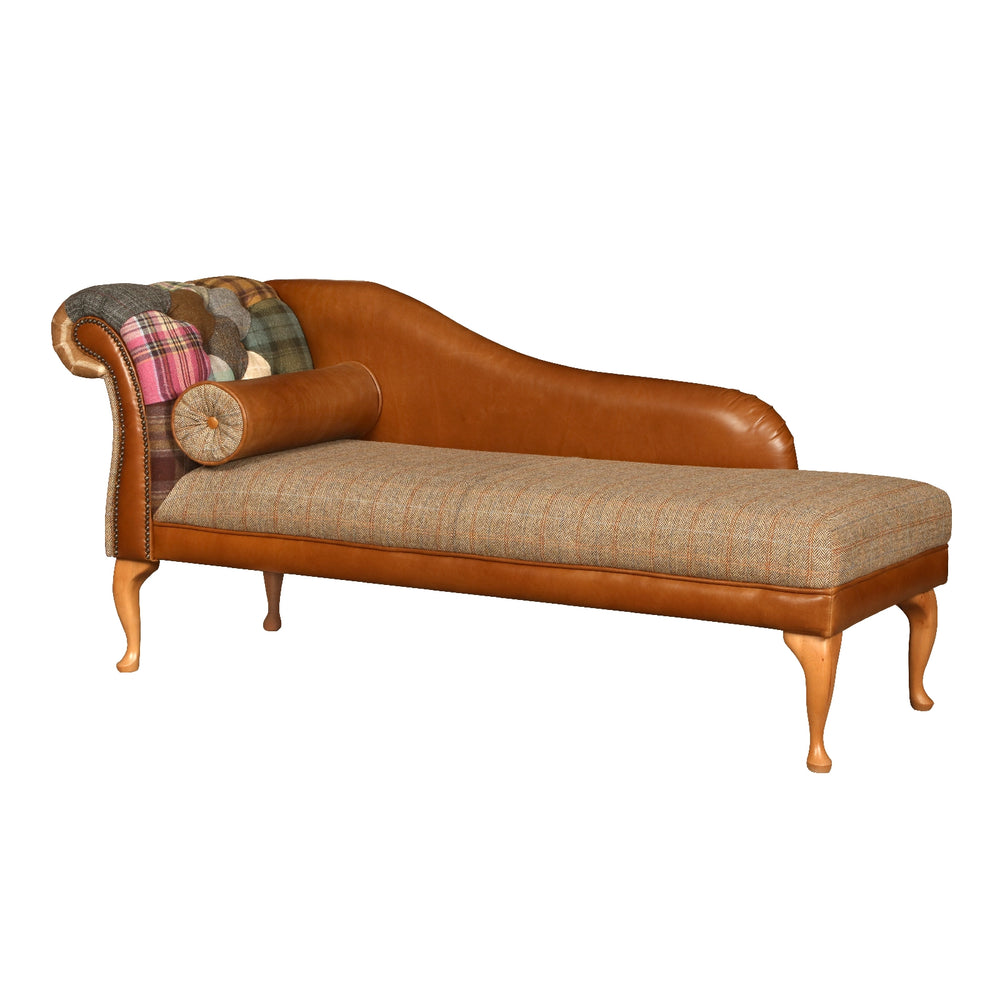 Vintage Leather, Harris Tweed & Moon Wool Patchwork Plain Back Chaise Lounge - The Furniture Mega Store 