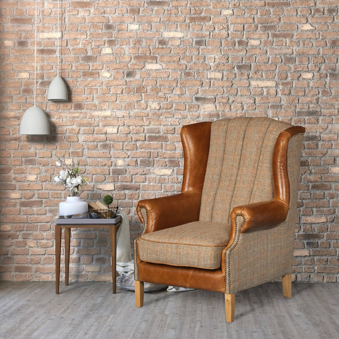 Harris Tweed & Vintage Leather Fluted Wingback Armchair - The Furniture Mega Store 