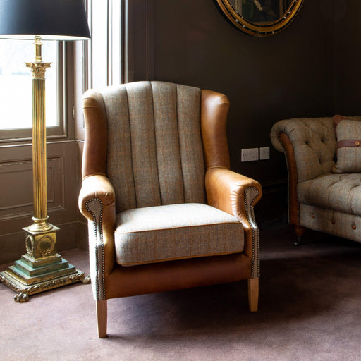 Harris Tweed & Vintage Leather Fluted Wingback Armchair - The Furniture Mega Store