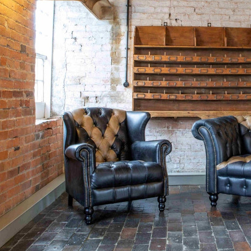 Saltire Vintage Leather Buttoned Chesterfield Wing Club Chair - The Furniture Mega Store