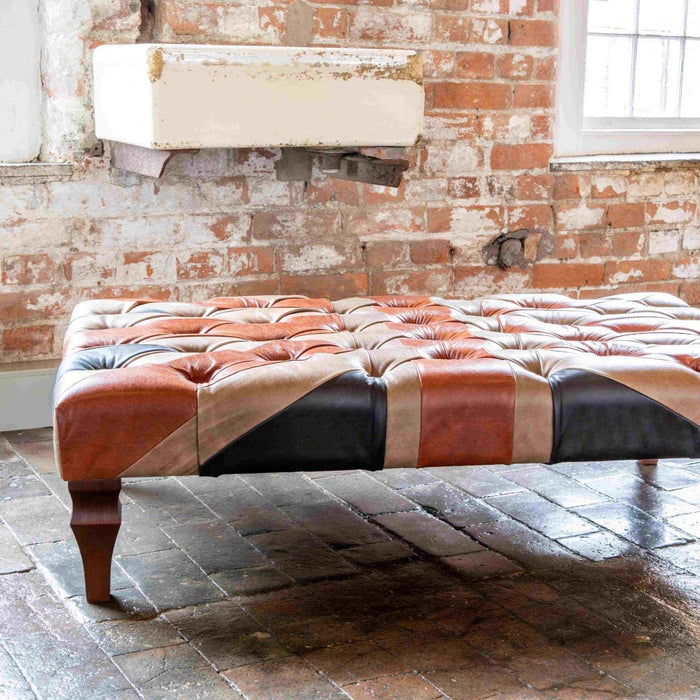 Union Jack Large Buttoned Top Vintage Leather Footstool - 120cm - The Furniture Mega Store 