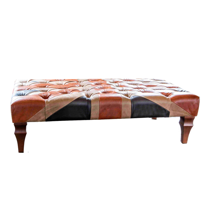 Union Jack Large Buttoned Top Vintage Leather Footstool - 120cm - The Furniture Mega Store 