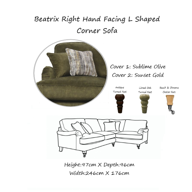 Beatrix Fabric Corner Sofa Collection - Choice Of Size, Fabrics & Feet - The Furniture Mega Store 