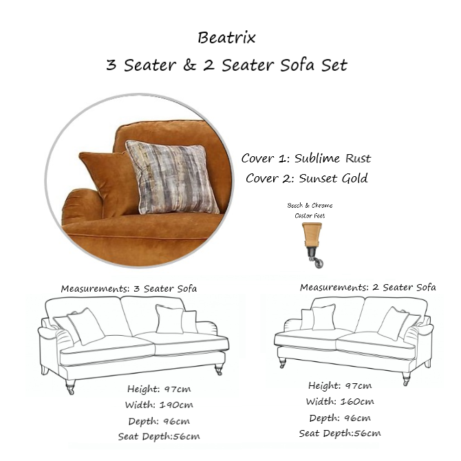 Beatrix 3 Seater 2 Seater Sofa Set Choice Of Fabric Feet