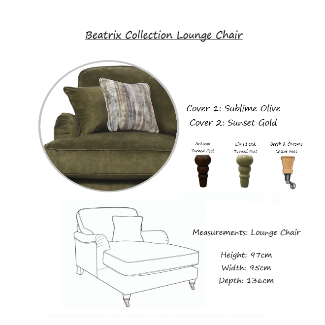 Beatrix Collection Lounger Chair - Choice Of Fabric & Feet - The Furniture Mega Store 
