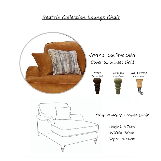 Beatrix Collection Lounger Chair - Choice Of Fabric & Feet - The Furniture Mega Store 