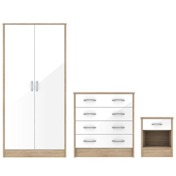 White Gloss & Oak - Wardrobe, Chest Drawers & Bedside - Bedroom Set - The Furniture Mega Store 