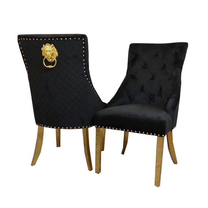 Bentley Black Quilted Lion Knocker Back & Gold Leg Dining Chairs - Set Of 2 - The Furniture Mega Store 