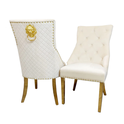 Bentley Cream Quilted Lion Knocker Back & Gold Leg Dining Chairs - Set Of 2 - The Furniture Mega Store 