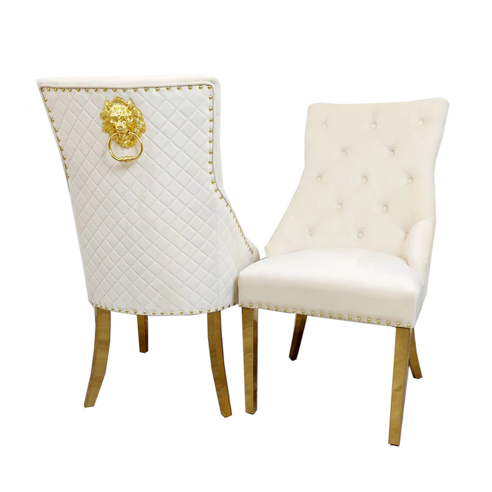 Bentley Cream Quilted Lion Knocker Back Gold Leg Dining Chairs