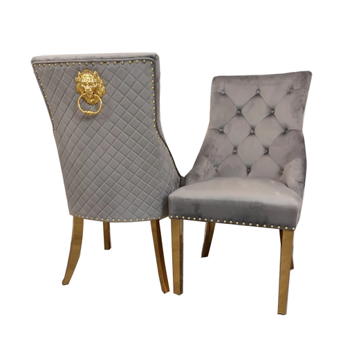 Bentley Light Grey Quilted Lion Knocker Back & Gold Leg Dining Chairs - Set Of 2 - The Furniture Mega Store 